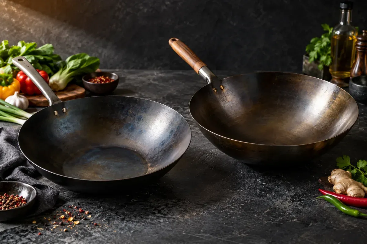 A flat bottom wok and a round bottom wok side by side