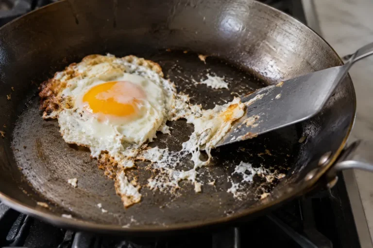 A fried egg stuck and torn in a carbon steel pan showing the sticking problem