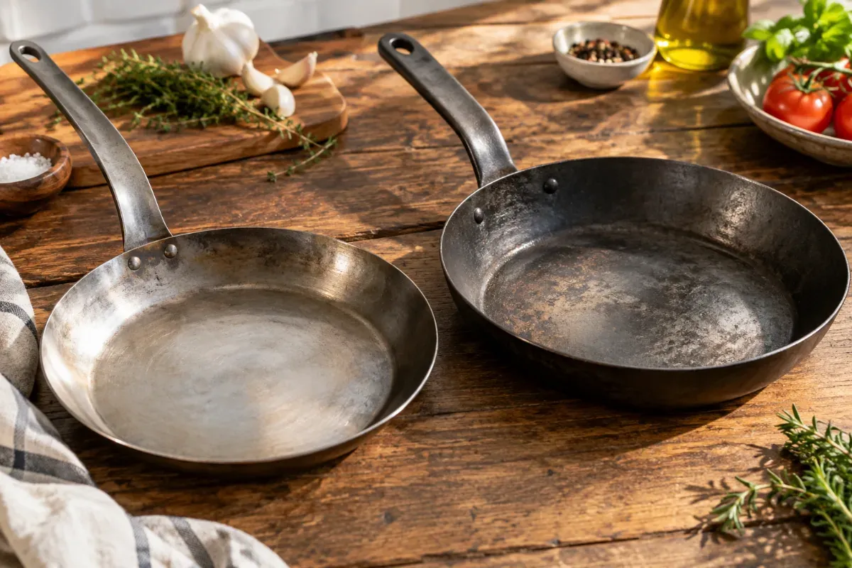 A French style and American style carbon steel pan compared