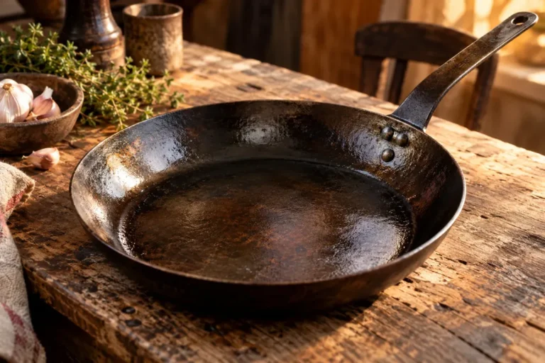 A well aged carbon steel pan with deep patina