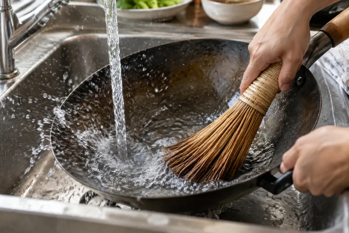 Cleaning a carbon steel wok with a bamboo brush