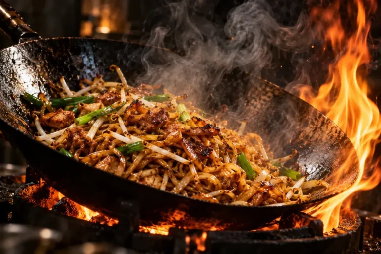 Charred stir-fried noodles with flame and smoke in a carbon steel wok, wok hei