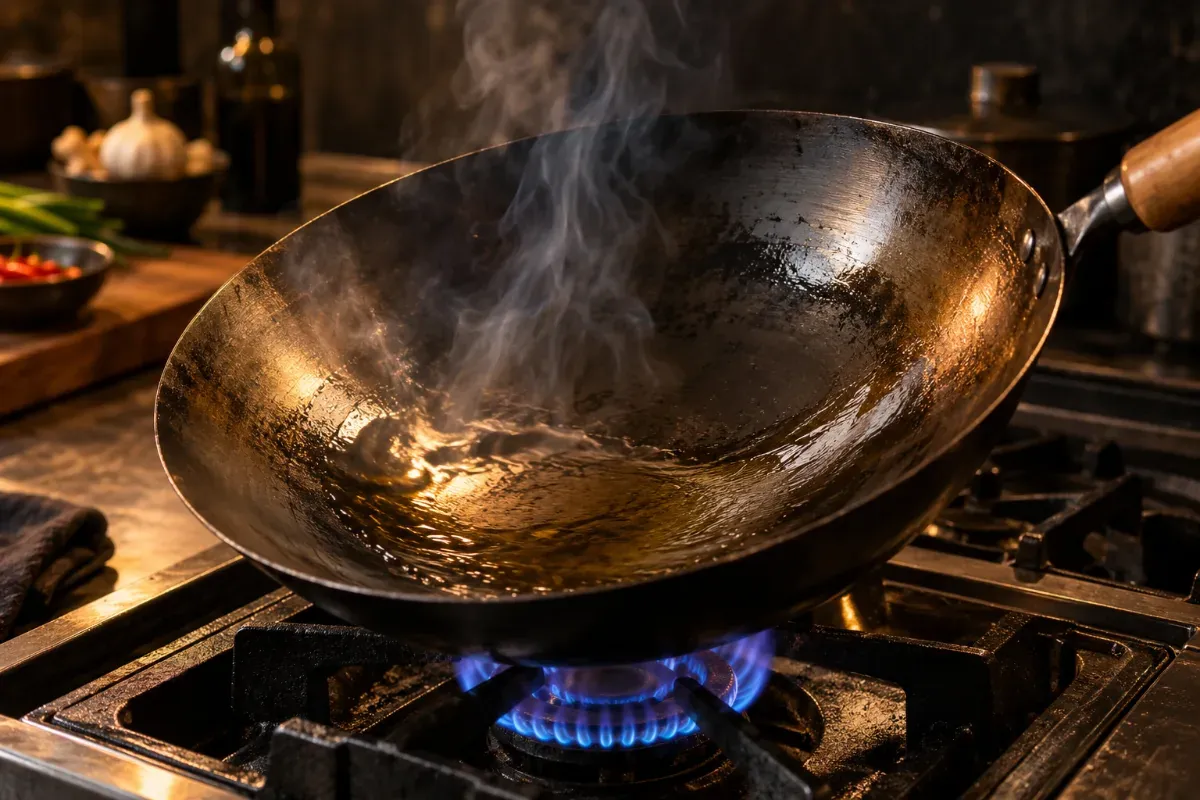 Seasoning a carbon steel wok over a flame