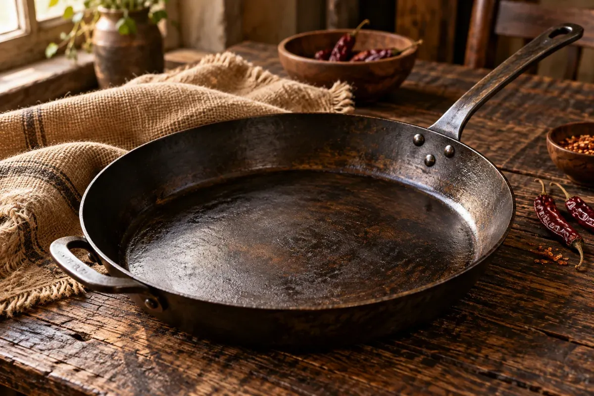 A rustic pre-seasoned carbon steel skillet on a dark wooden table