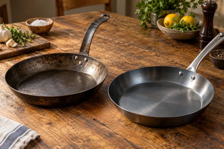 A rugged and a sleek carbon steel pan compared