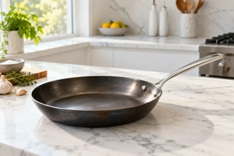 A sleek carbon steel pan with a stainless handle on marble