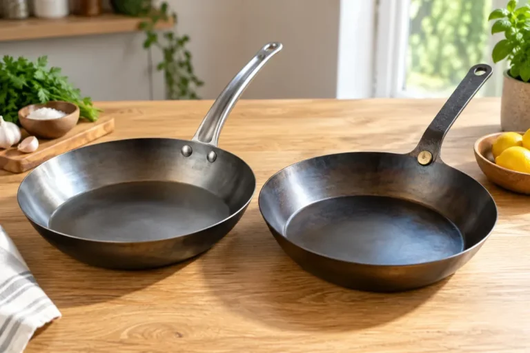 Two carbon steel pans side by side for comparison