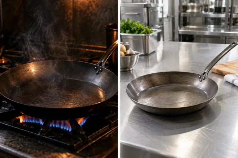 A professional carbon steel pan with a welded handle