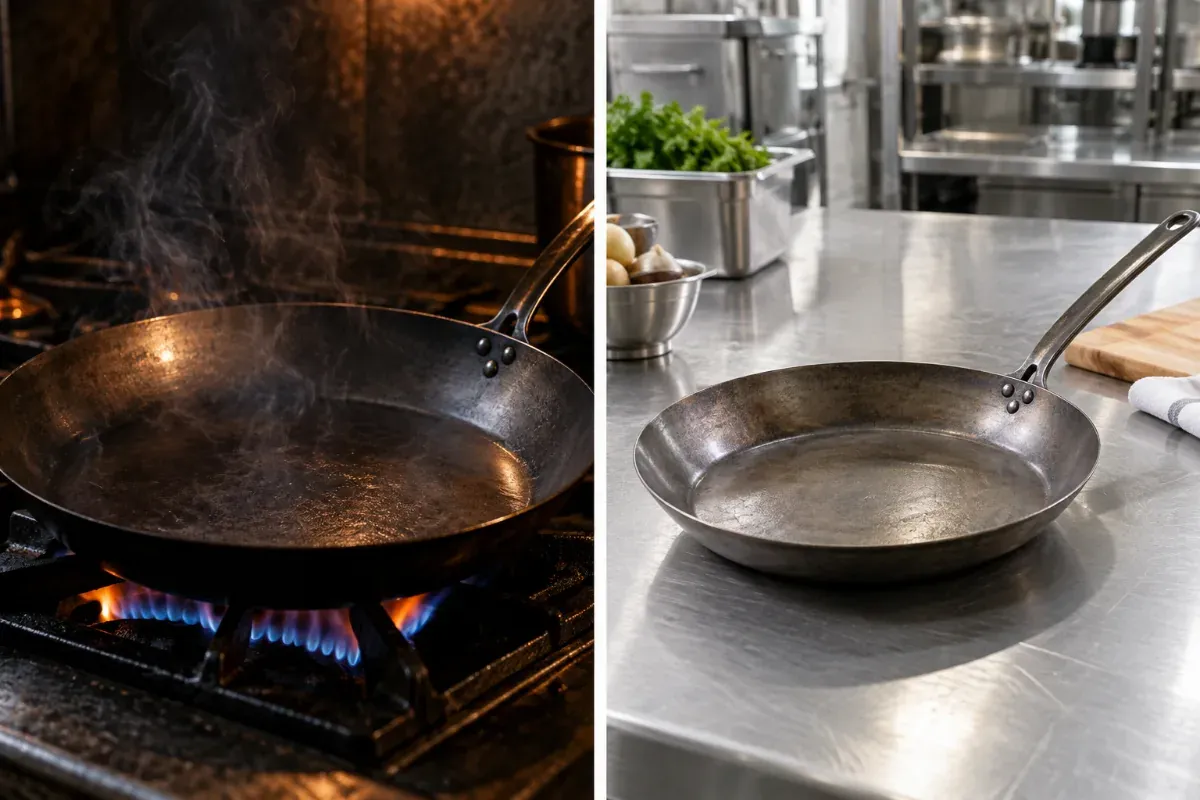 A professional carbon steel pan with a welded handle