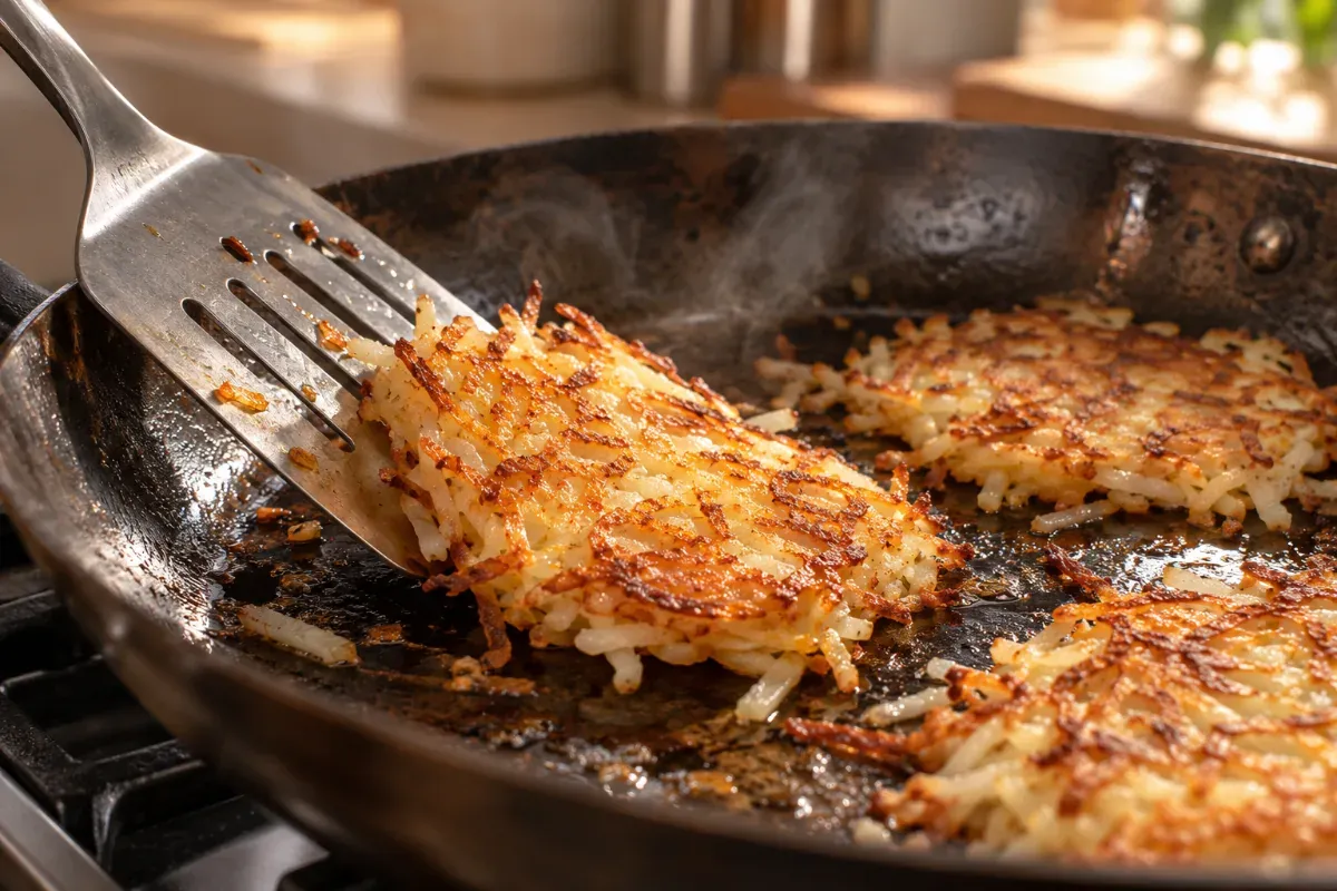 A metal spatula flipping hash browns in a seasoned carbon steel pan