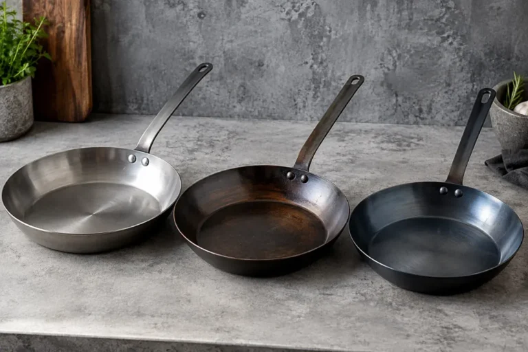Three carbon steel pans with different finishes side by side