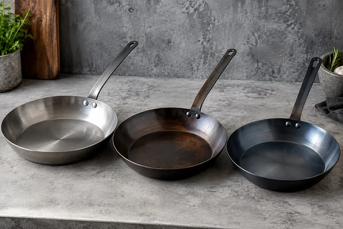 Three carbon steel pans with different finishes side by side