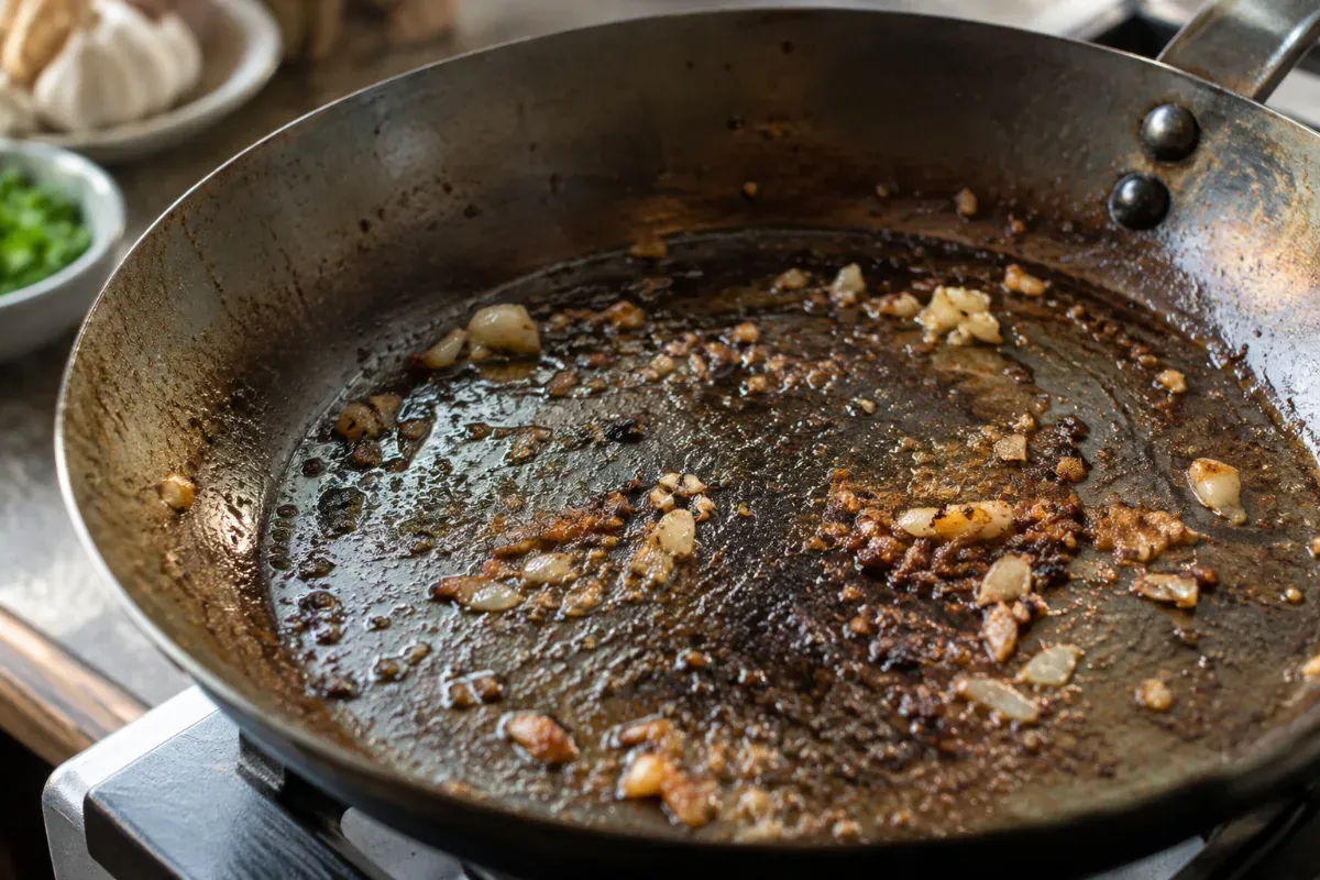A carbon steel pan with a sticky tacky surface