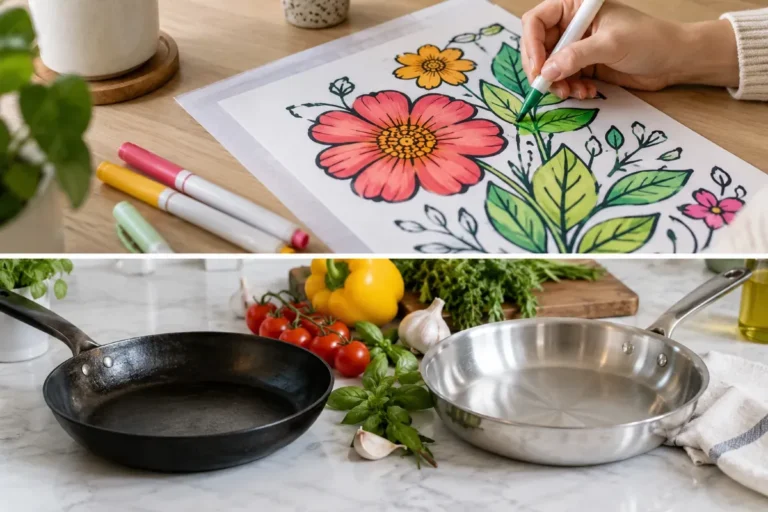 A carbon steel pan and stainless pan compared with fresh vegetables