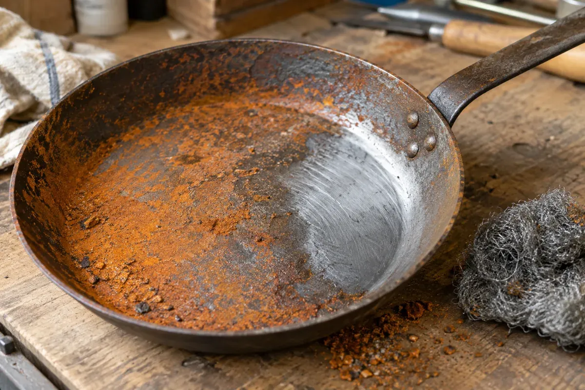 Restoring a rusty carbon steel pan with steel wool