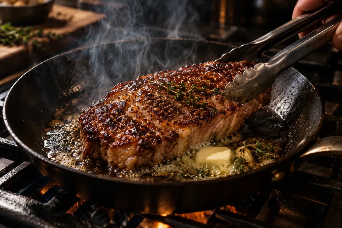 A ribeye steak searing with butter and thyme in a carbon steel pan