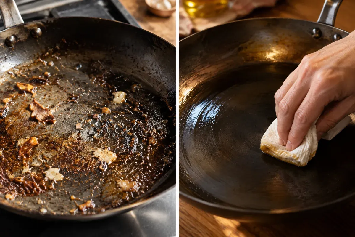 Rubbing oil onto a carbon steel pan to build seasoning