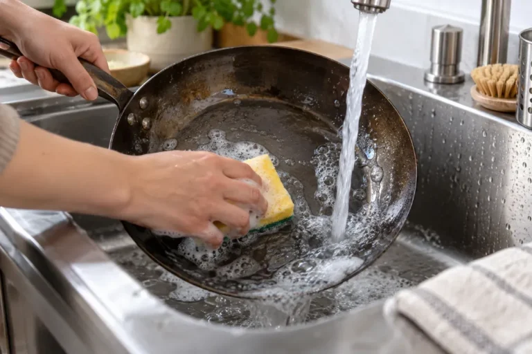 Washing a carbon steel pan with a sponge under water