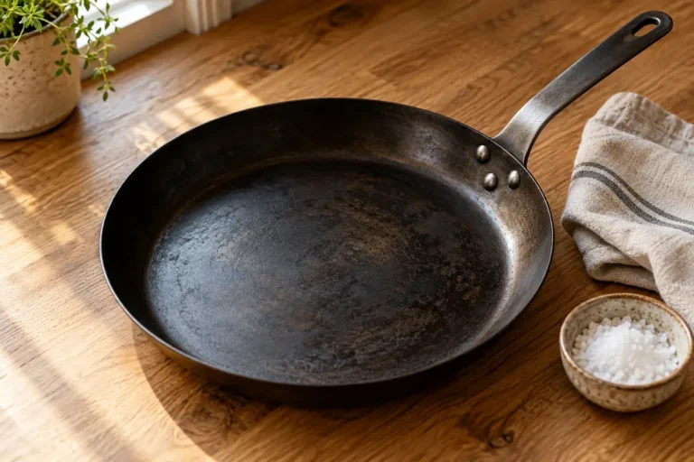 What is a carbon steel pan shown as a seasoned skillet on a wooden countertop