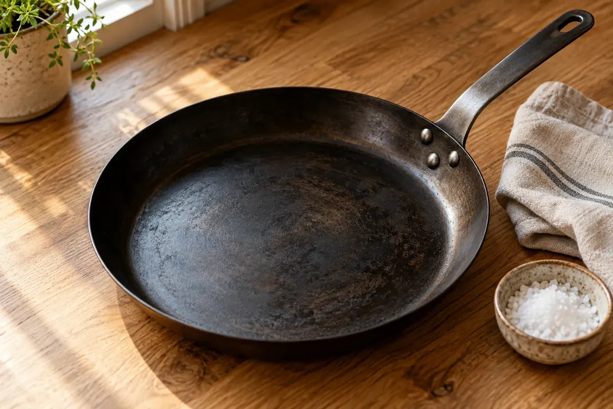 What is a carbon steel pan shown as a seasoned skillet on a wooden countertop
