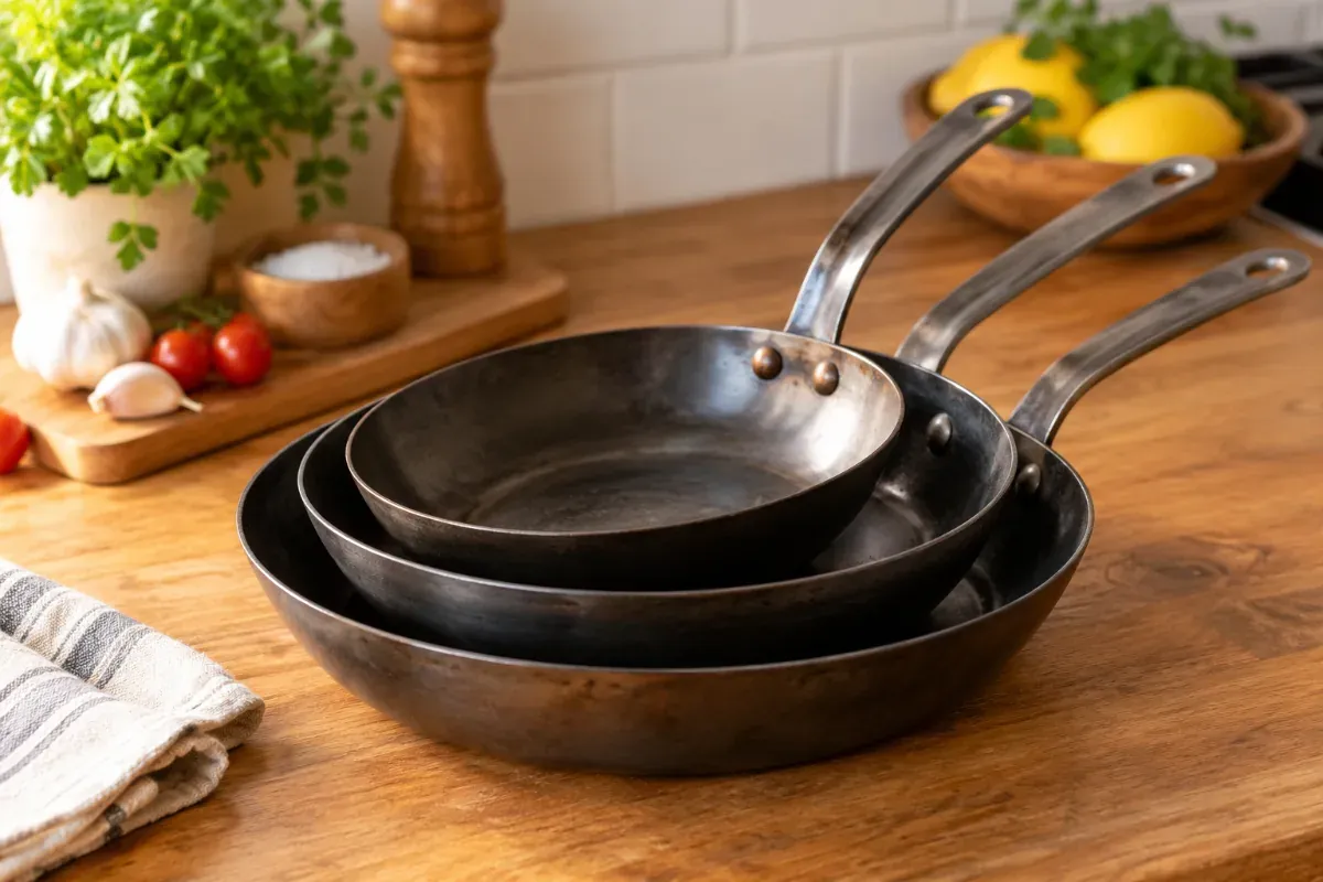 Carbon steel pans of three different sizes stacked