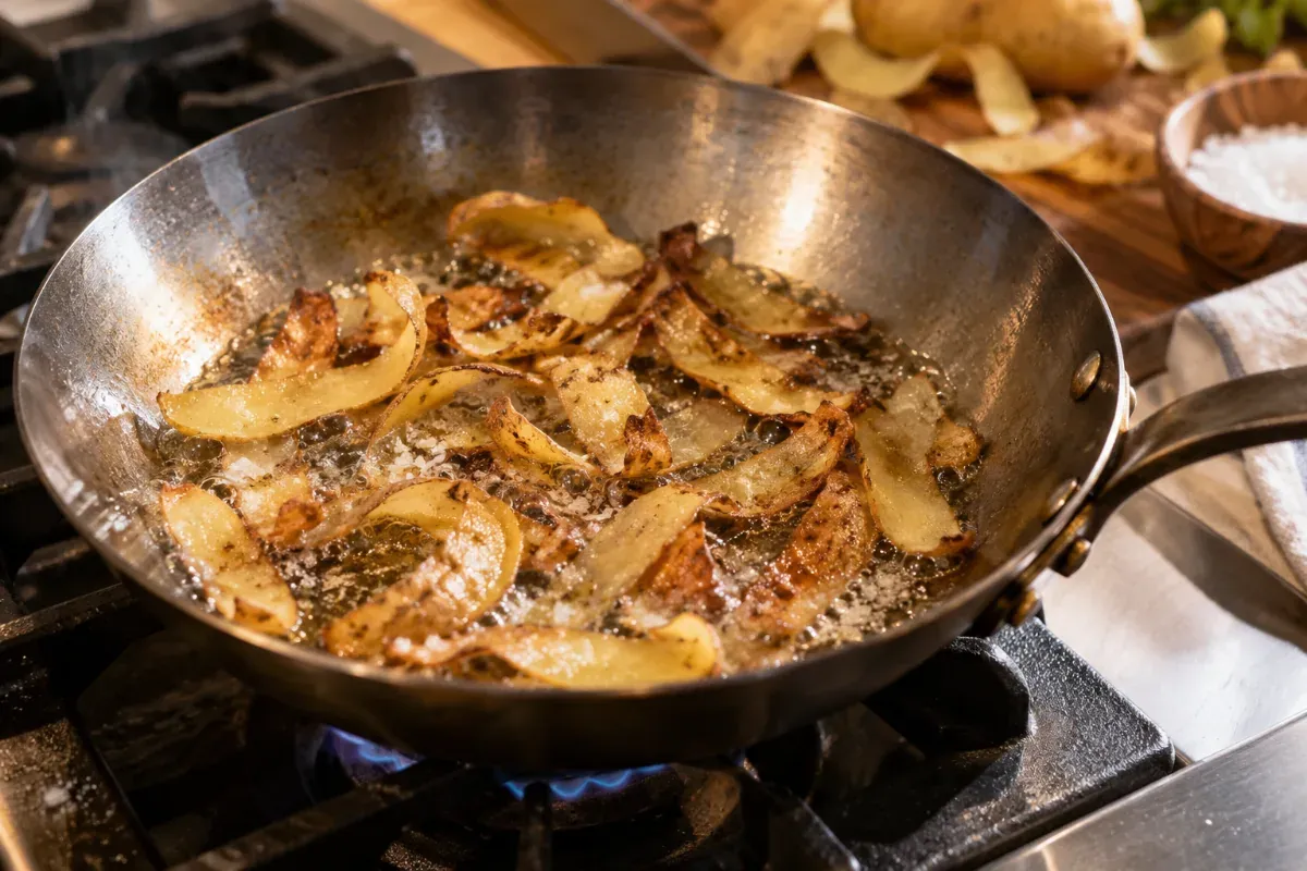 Frying potato peels in a new carbon steel pan to season it