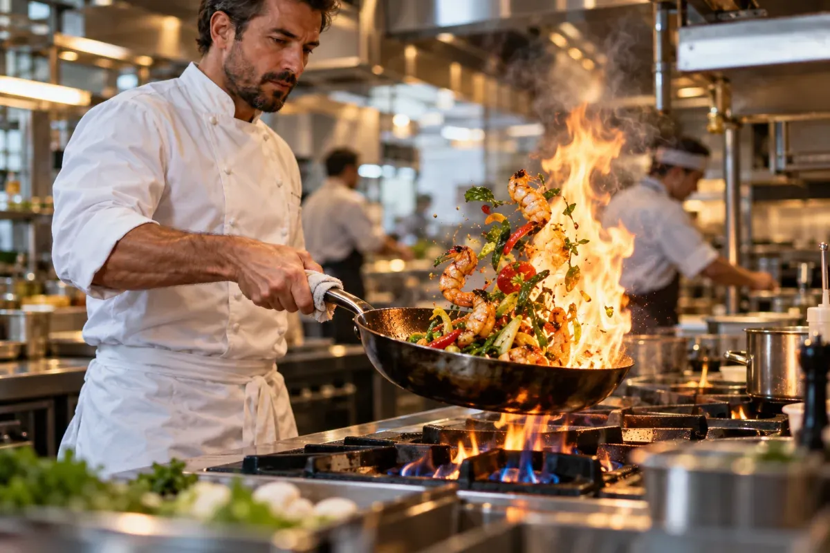 A chef tossing food in a carbon steel pan over a flame in a professional kitchen