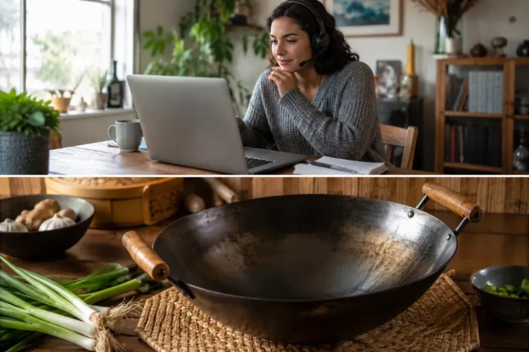 A round bottom carbon steel wok with wooden handles
