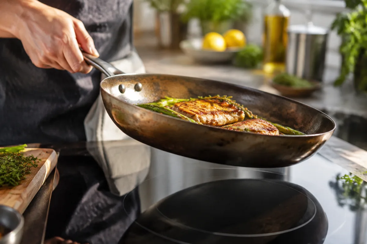Lifting a carbon steel pan to protect a glass cooktop