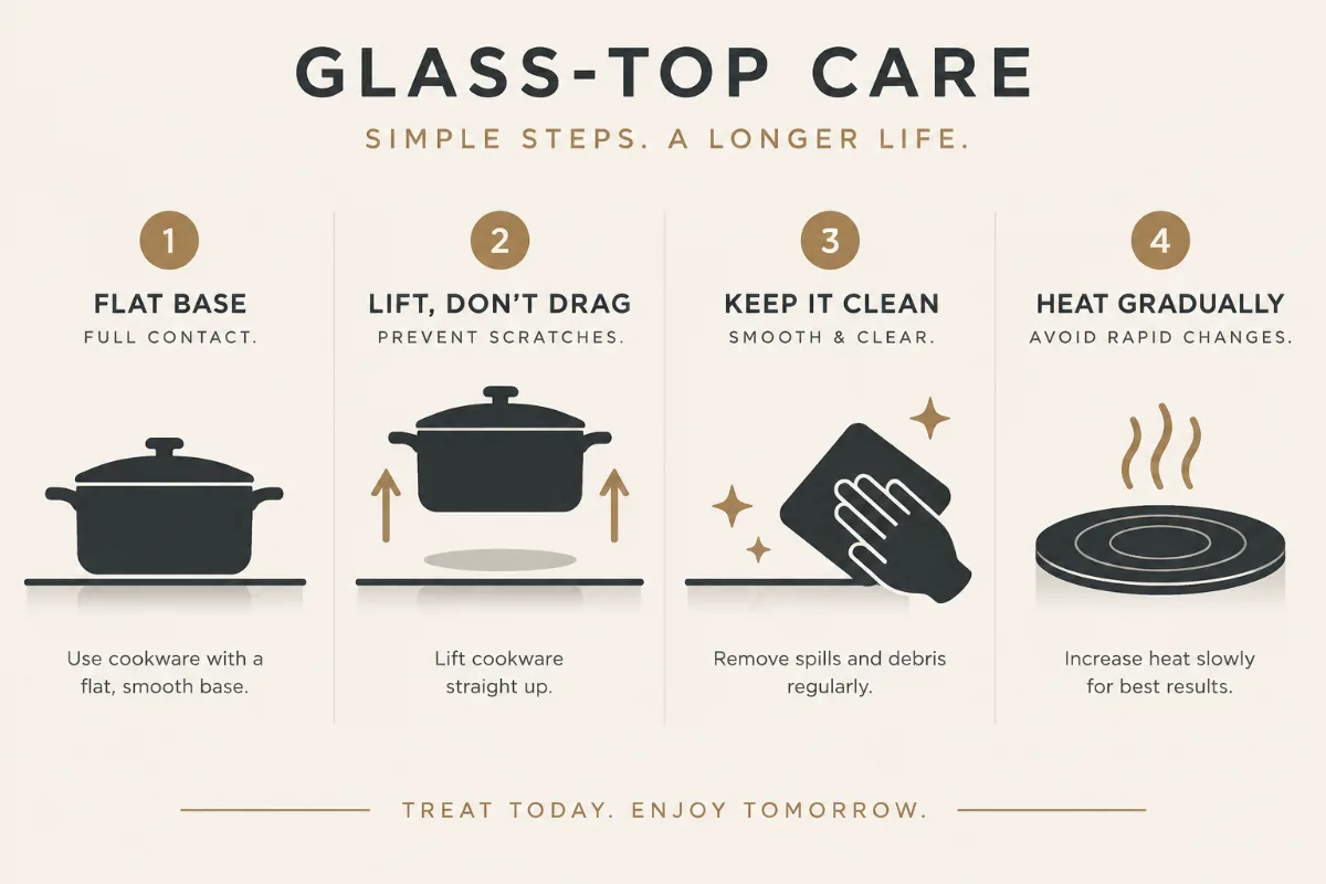 a glass-top care graphic showing flat base contact, the lift-don’t-drag motion, a clean base, and gradual heating.