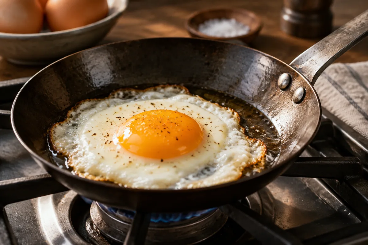 Fried egg cooking in a small carbon steel egg pan