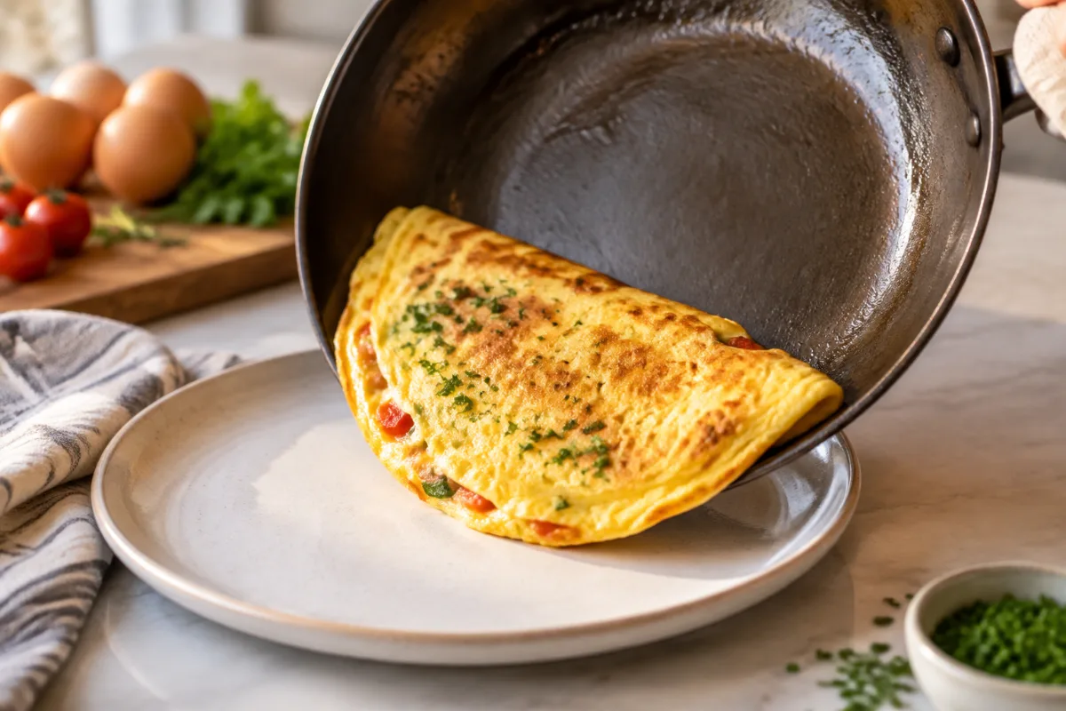 Omelette sliding cleanly from a seasoned carbon steel pan