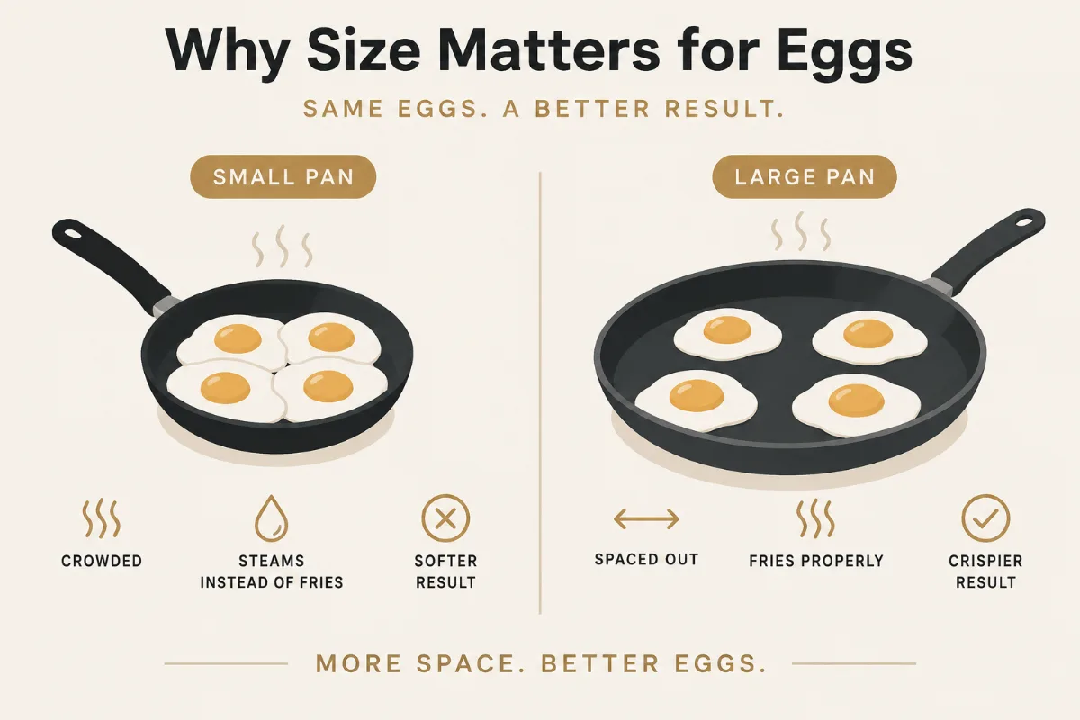 a ‘why size matters for eggs’ graphic comparing eggs concentrated in a small pan versus spread thin in a large one.