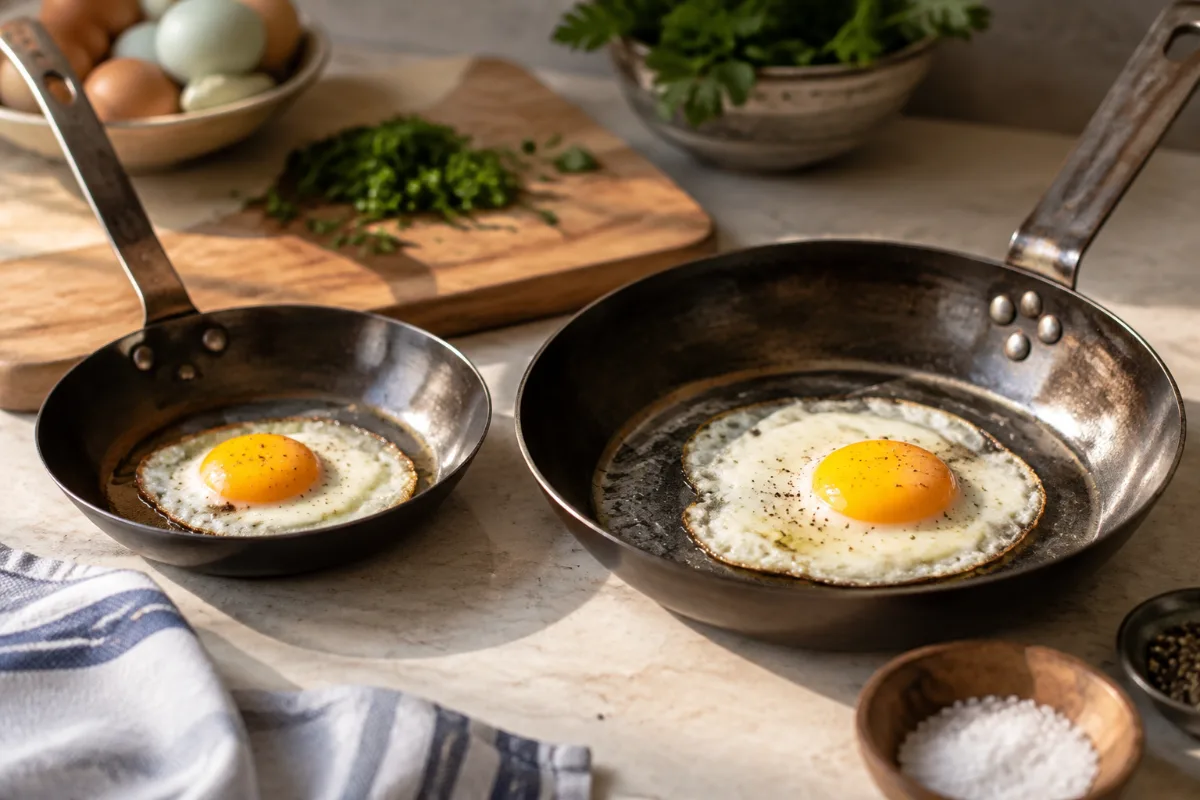 Small and medium carbon steel pans compared for eggs