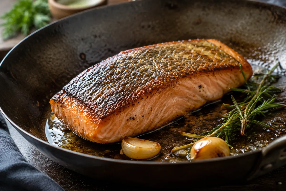 Crispy-skinned salmon searing in a carbon steel pan
