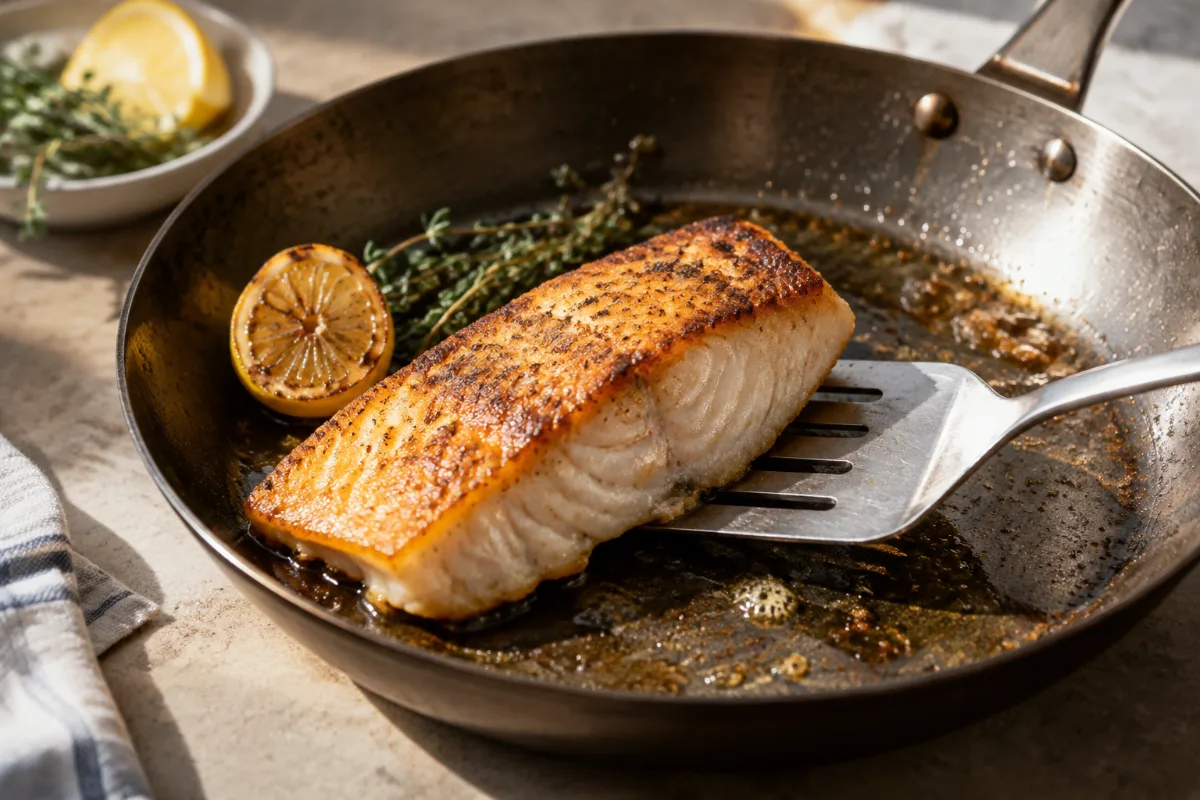 Fish fillet releasing cleanly from a carbon steel pan