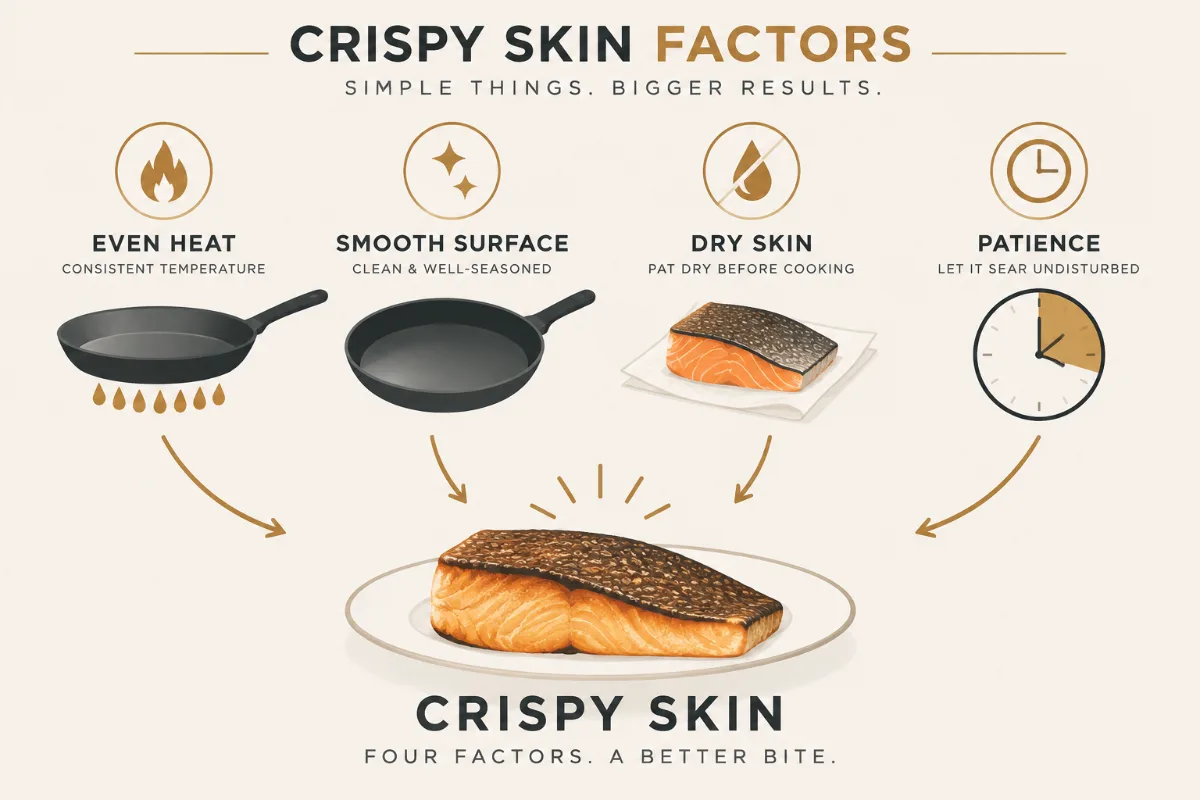 a ‘crispy skin factors’ graphic showing even heat, smooth surface, dry skin, and patience each contributing to the resul