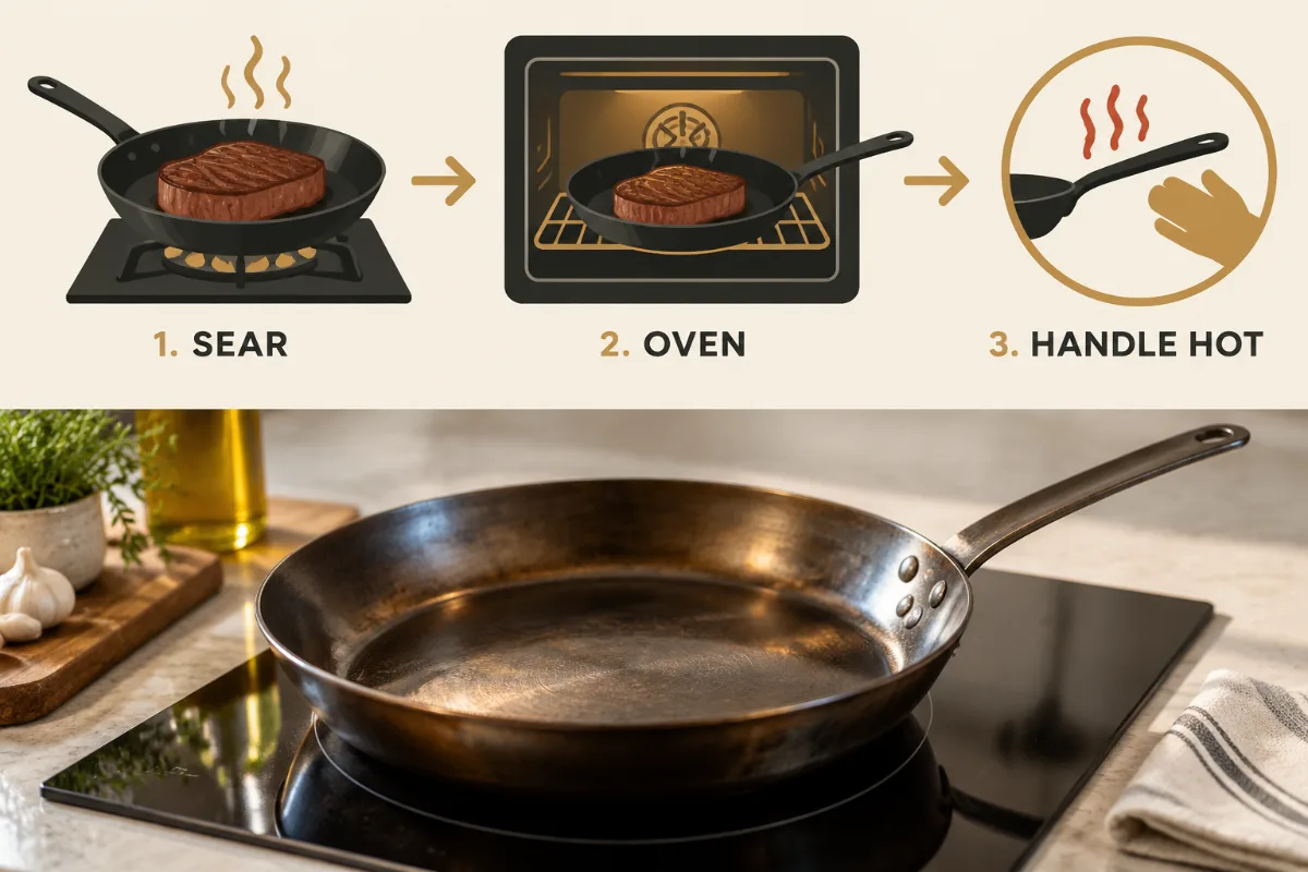 Carbon steel pan heating evenly on an induction cooktop