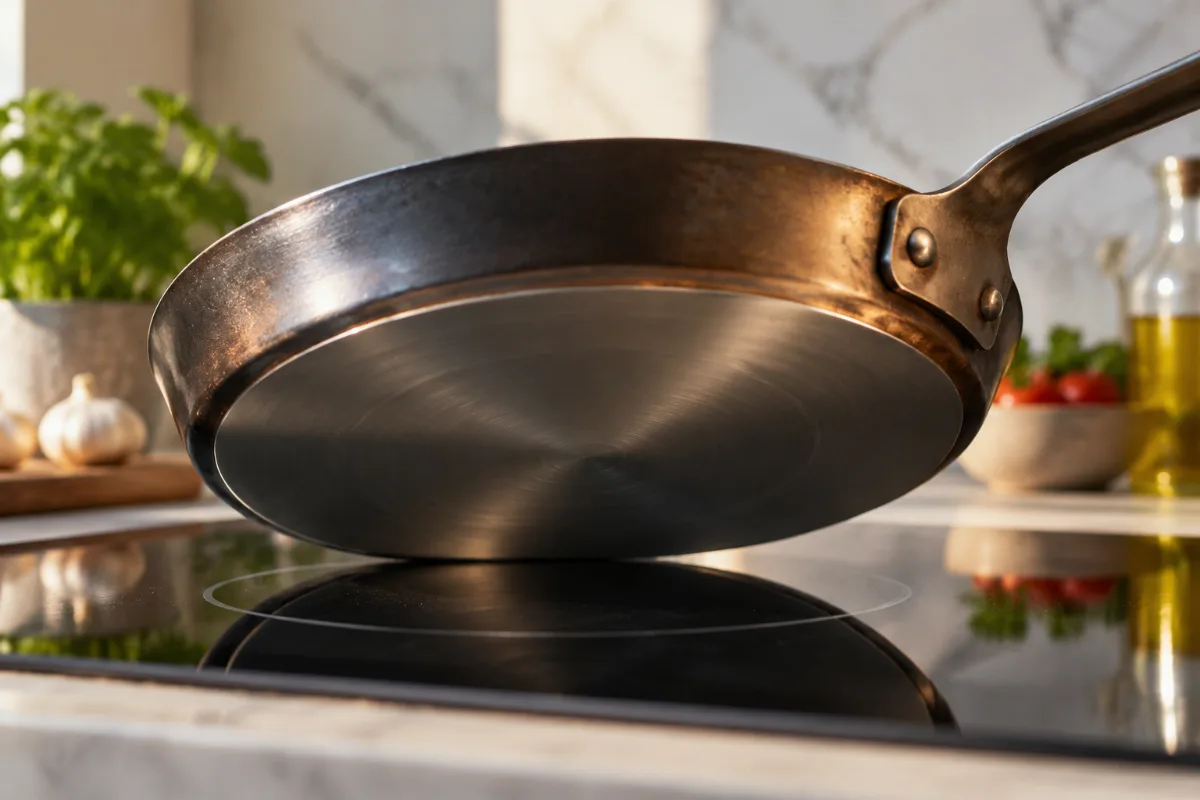 Flat carbon steel pan base for induction contact