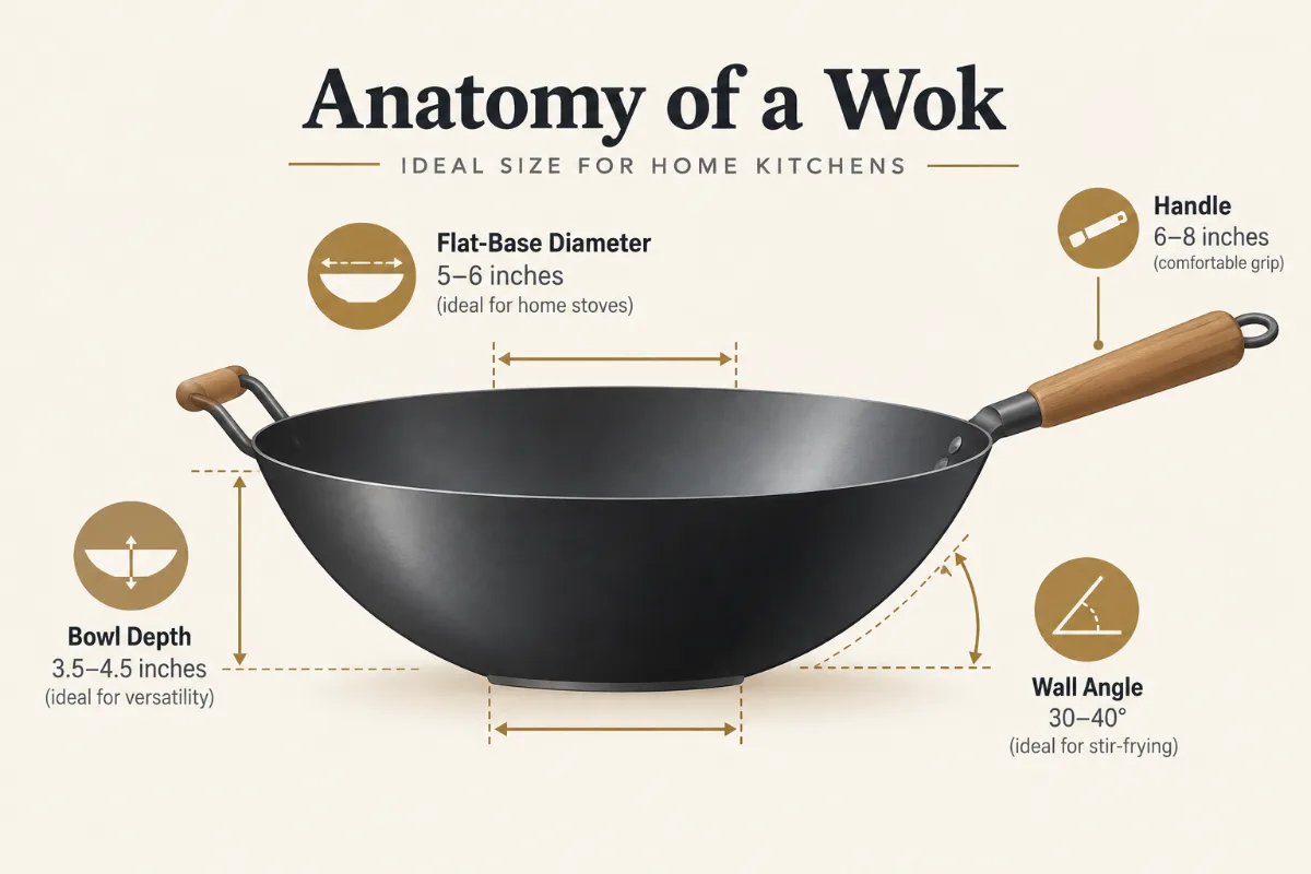 An anatomy-of-a-wok diagram labelling flat-base diameter, bowl depth, wall angle, and handle, with the ideal home-kitche