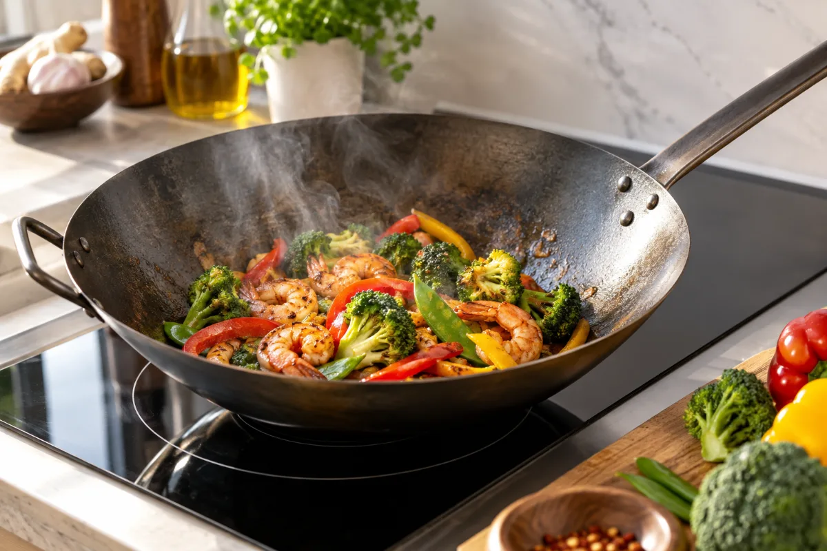Flat bottom carbon steel wok on an induction cooktop