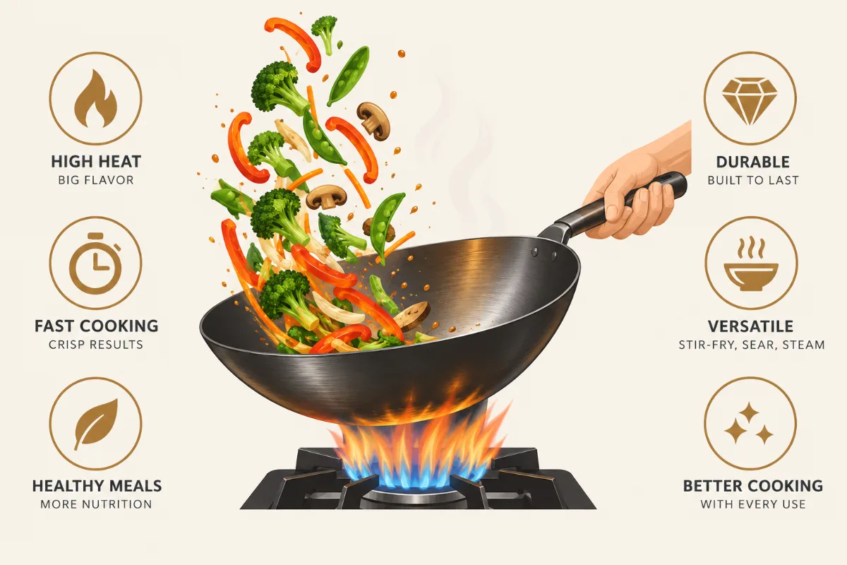 Tossing vegetables in a carbon steel wok over high heat
