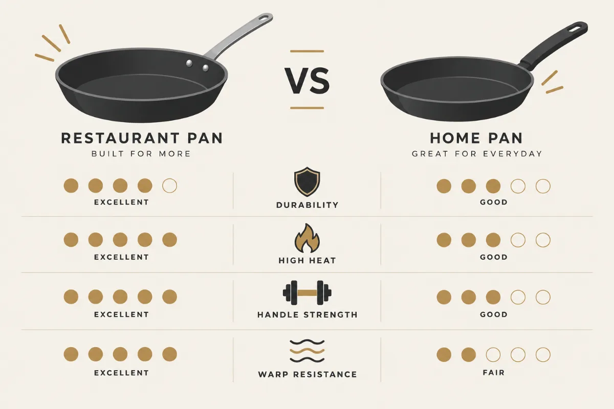 a ‘restaurant versus home pan’ scorecard on durability, high heat, handle strength, and warp resistance.