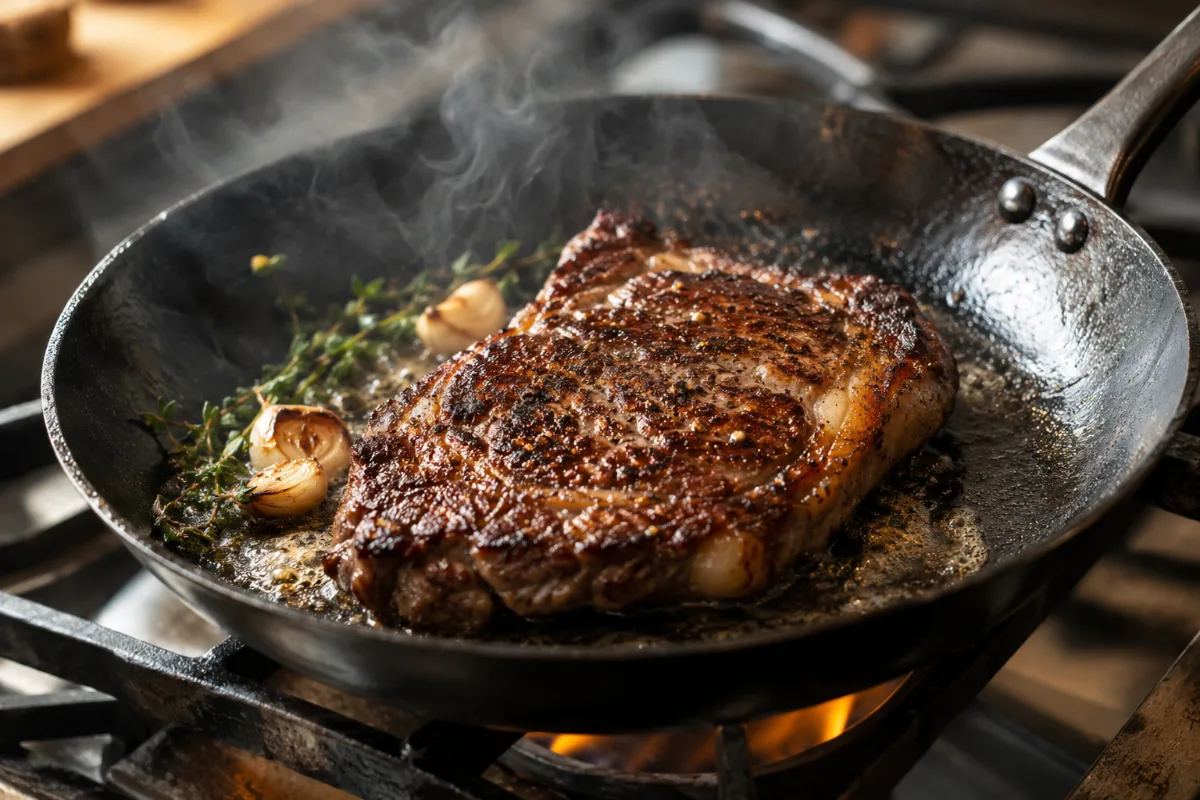 Searing at high heat in a professional carbon steel pan