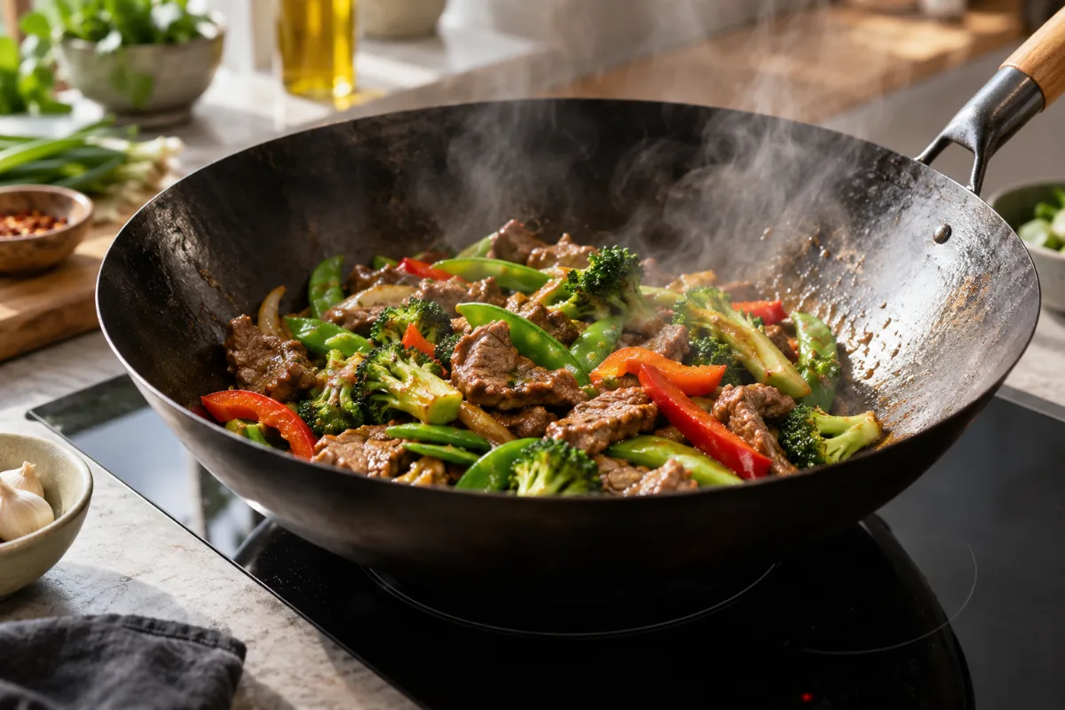 Flat-bottom carbon steel wok heating on an induction cooktop