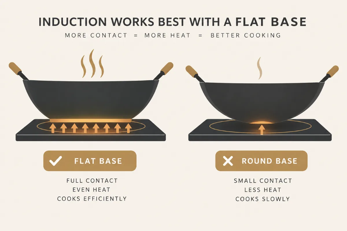 An induction-contact diagram showing a flat wok base fully covering the zone versus a round base barely touching, with t
