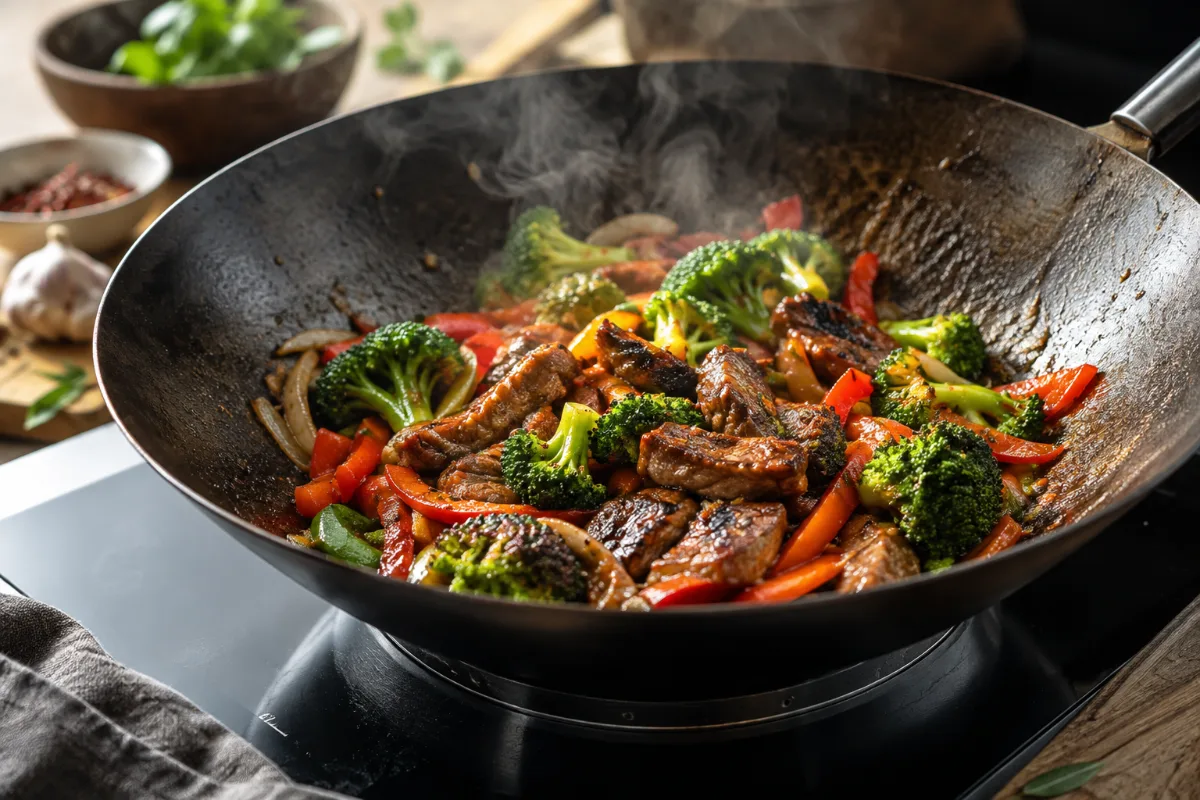 Wide flat base of a carbon steel wok for induction contact
