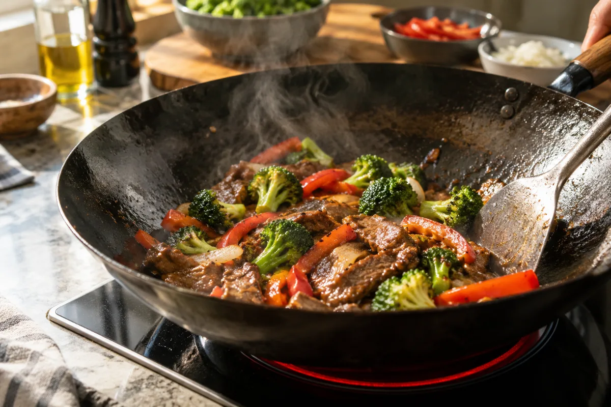 Stir-frying in a flat-bottom carbon steel wok on an electric stove