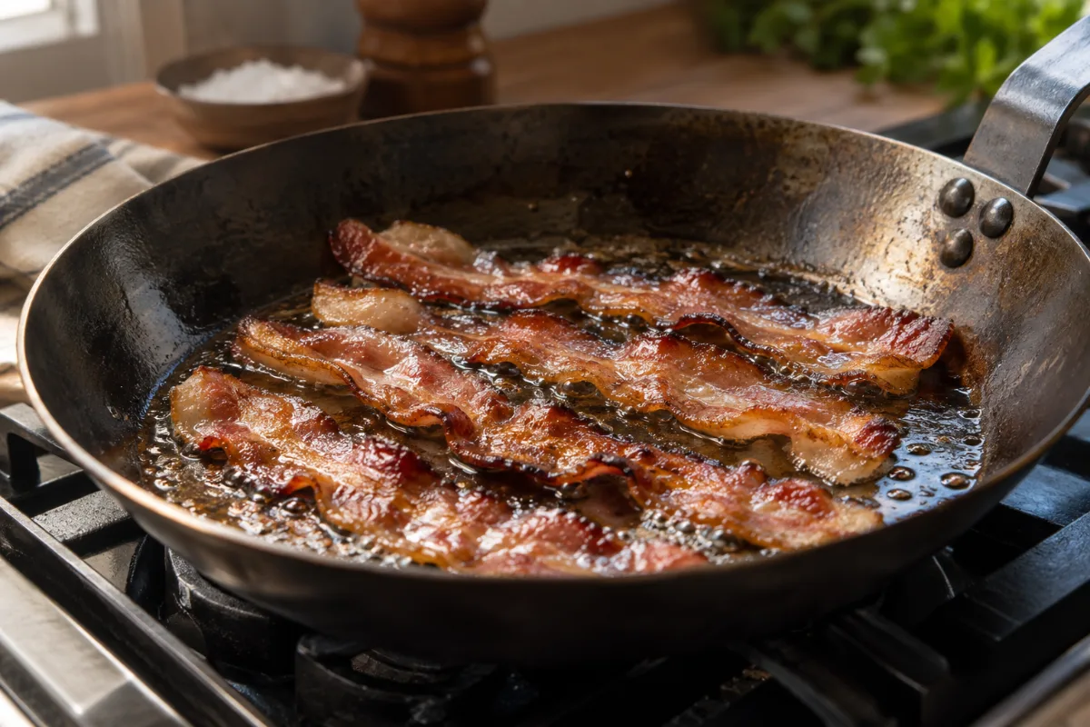 Cooking bacon to settle a new carbon steel pan surface