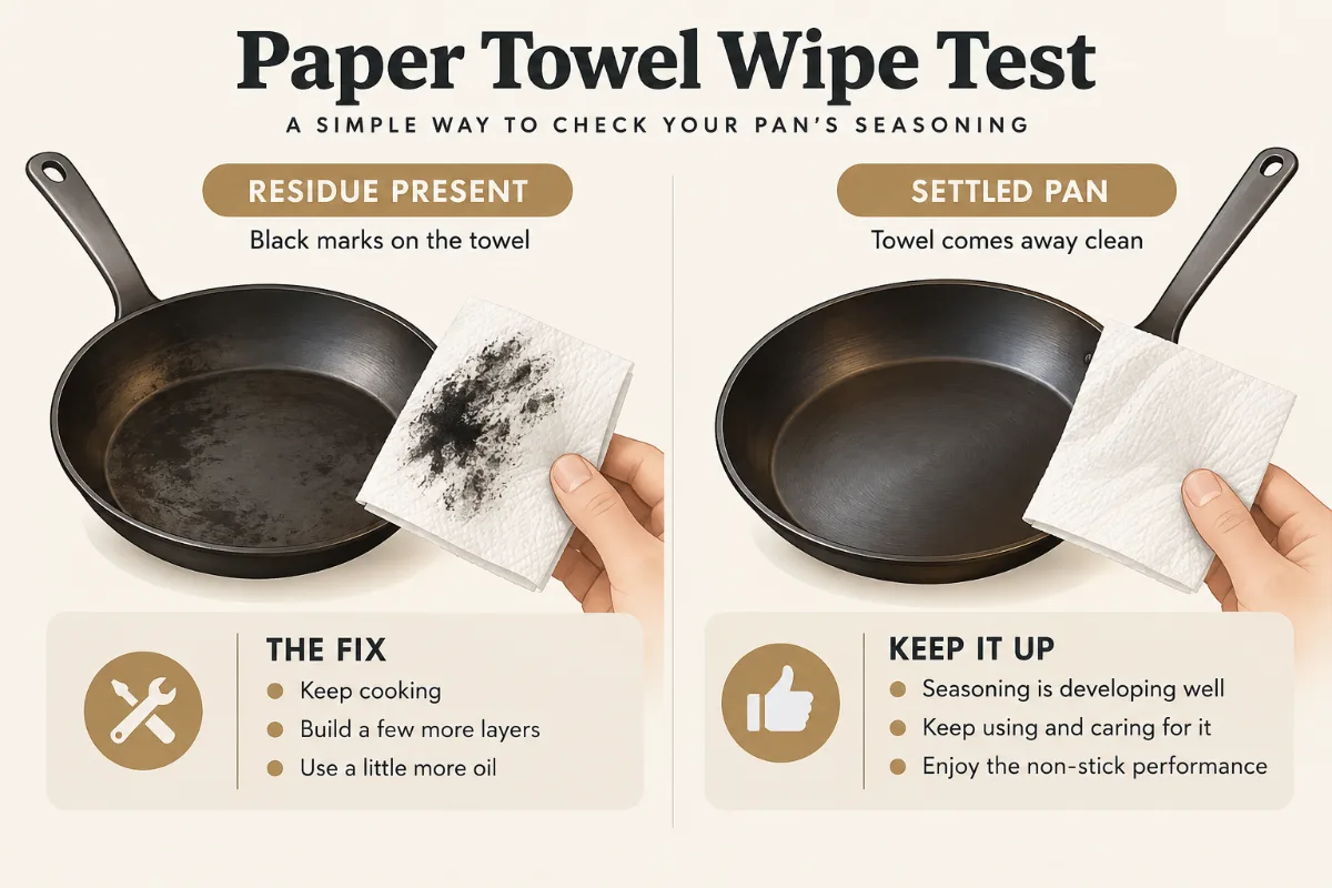 A paper-towel wipe test graphic showing a black wipe (residue present) beside a clean wipe (settled pan), with the fix f